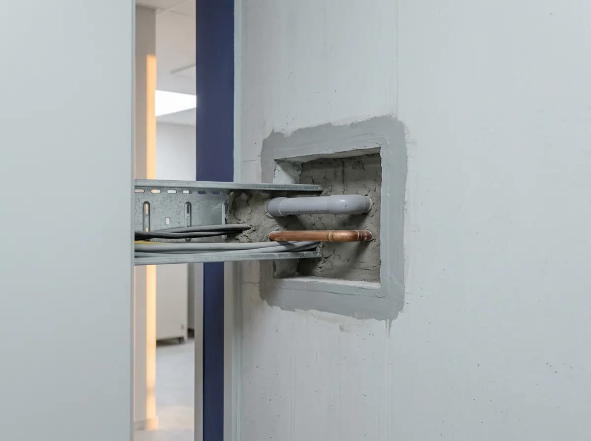 Traversée de câbles calfeutrée au mortier coupe-feu dans un mur béton