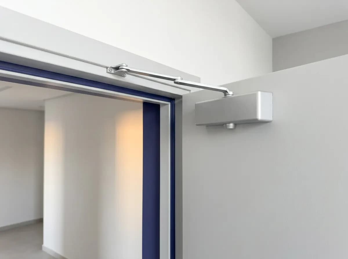 Ferme-porte hydraulique à bras compas monté en tête de porte coupe-feu