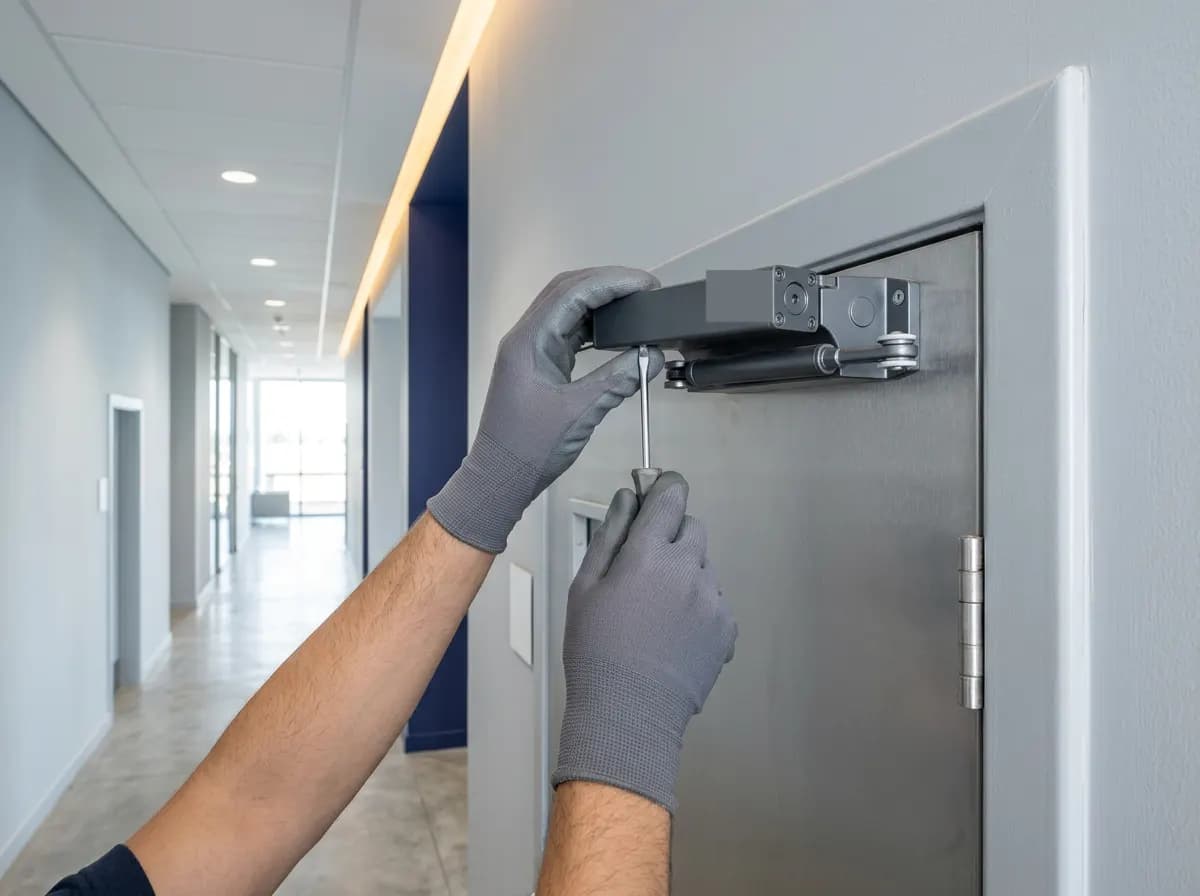Mains gantées réglant le ferme-porte d'une porte coupe-feu lors d'une maintenance