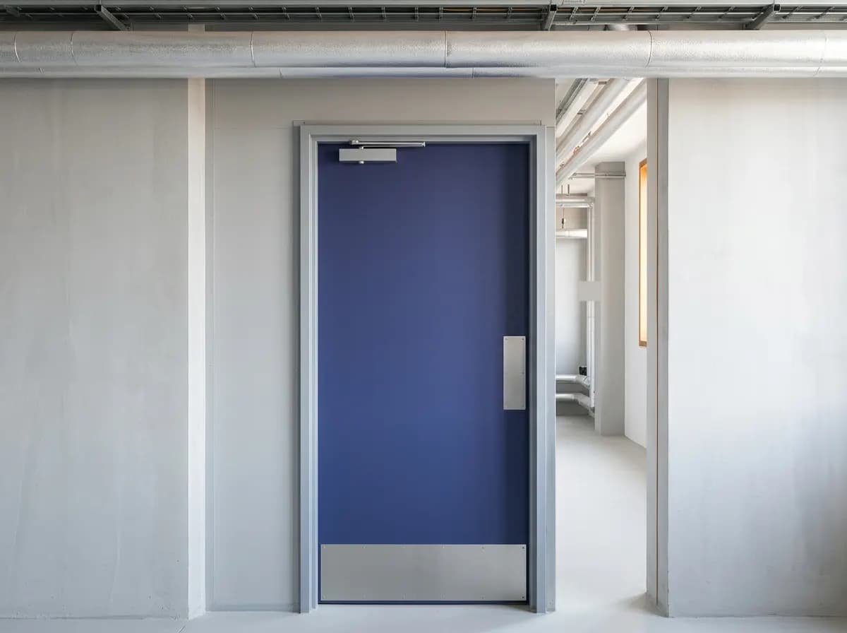 Porte coupe-feu bleue fermée à l'entrée d'une chaufferie