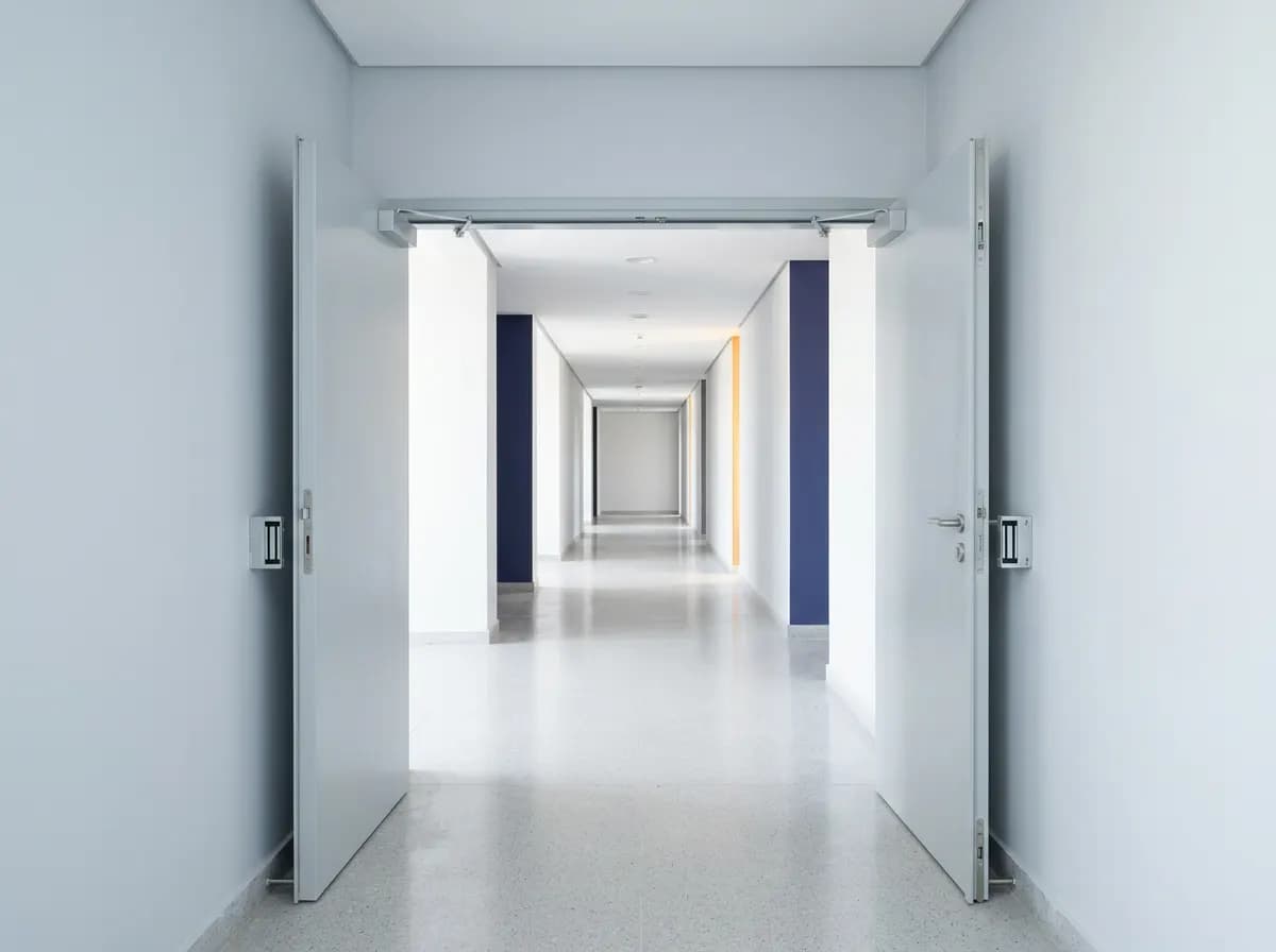 Portes coupe-feu de recoupement sur ventouses dans le couloir d'un établissement
