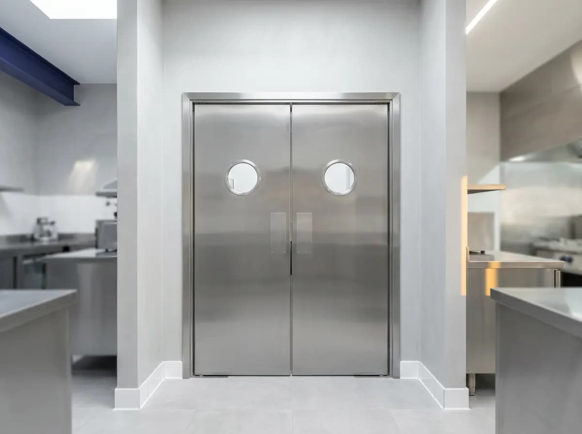 Porte coupe-feu va-et-vient inox à hublots dans une cuisine professionnelle