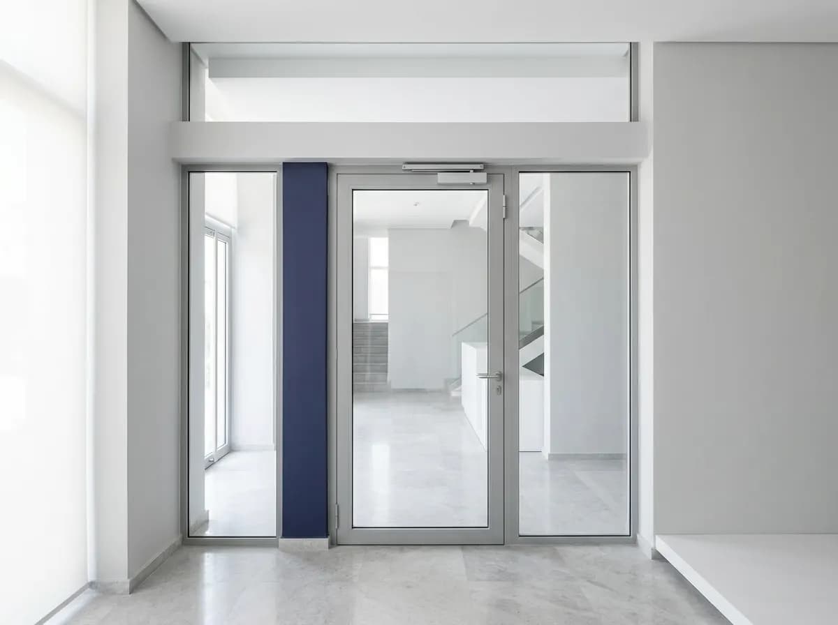 Porte coupe-feu vitrée à cadre aluminium dans le hall d'un immeuble de bureaux