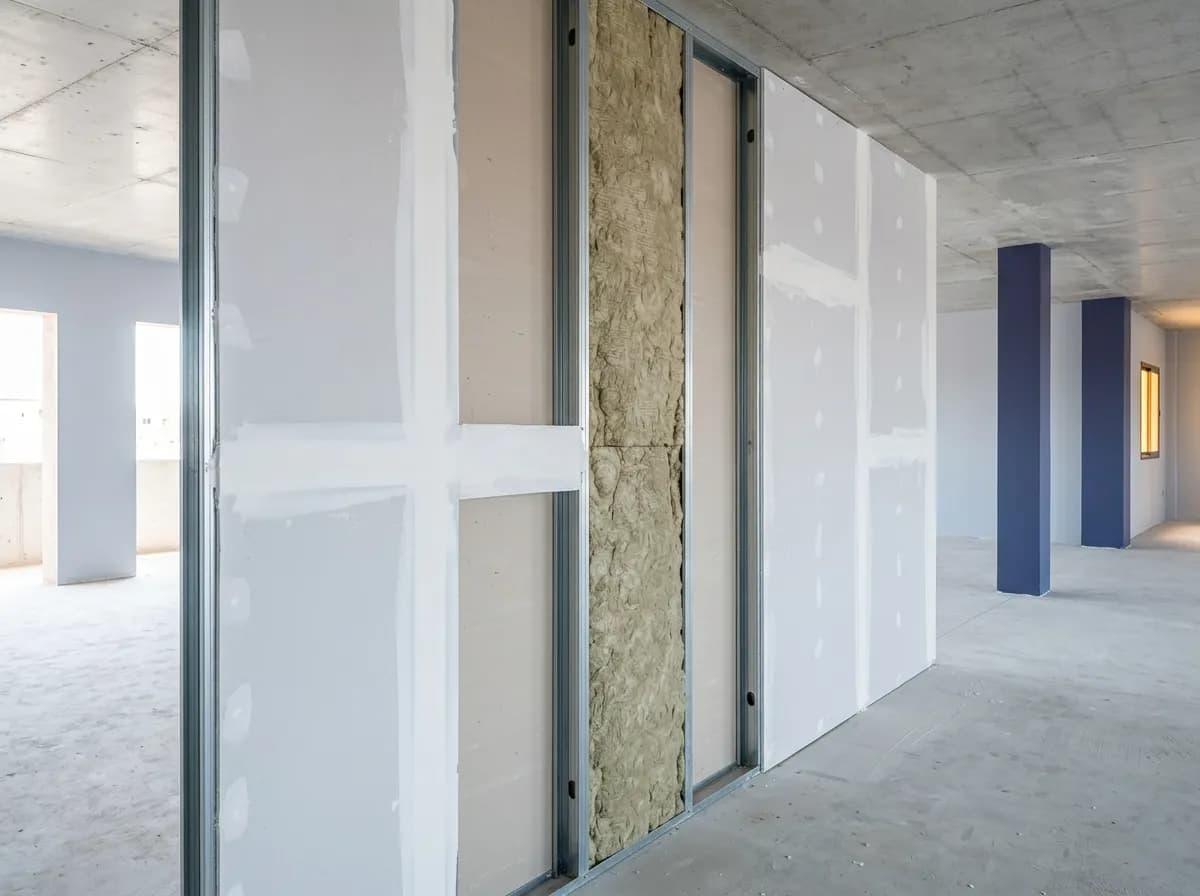 Cloison coupe-feu en plaques de plâtre en cours de montage